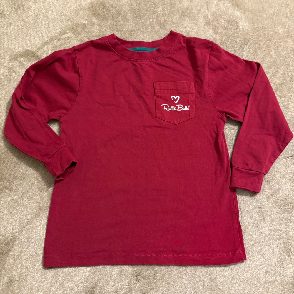 RuffleButts Girls Red BeYOUtiful Floral Bow Long Sleeve Pocket T-Shirt Size 6/7